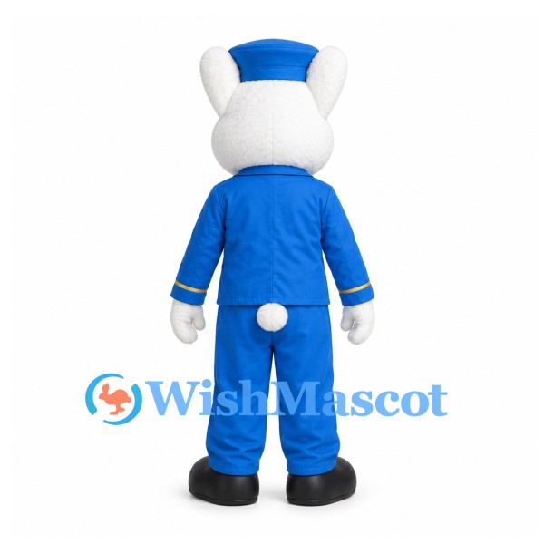 Rabbit Mascot Costume in White with Blue Uniform and Matching Cap