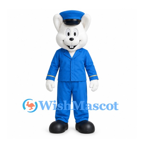 Rabbit Mascot Costume in White with Blue Uniform and Matching Cap