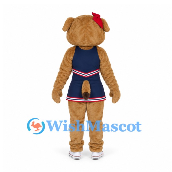 Dog Mascot Costume in Tan with Navy Cheerleader Dress and Red Bow