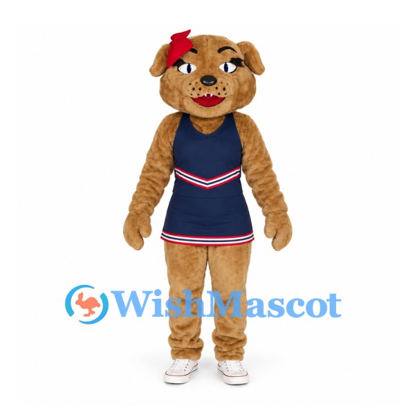 Dog Mascot Costume in Tan with Navy Cheerleader Dress and Red Bow