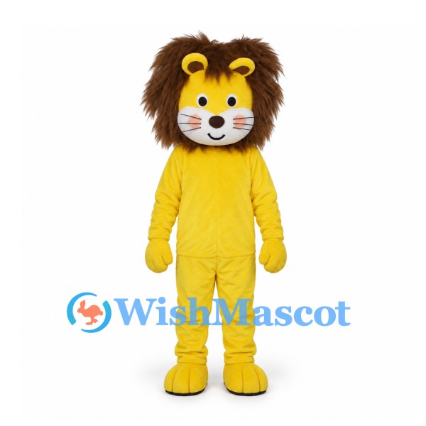 Lion Mascot Costume in Yellow with Brown Mane and Round Face