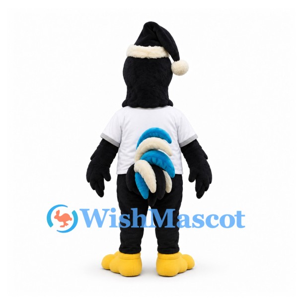 Rooster Mascot Costume in Black with White Shirt and Blue Tail Feathers