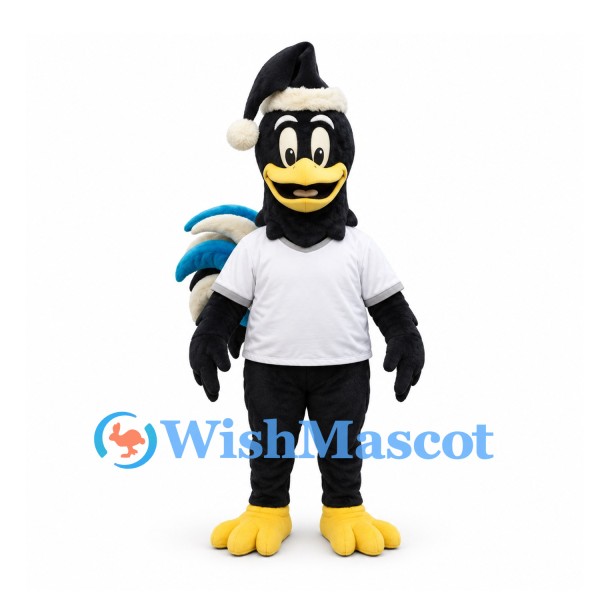 Rooster Mascot Costume in Black with White Shirt and Blue Tail Feathers
