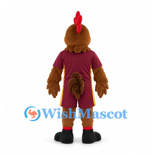 Rooster Mascot Costume in Brown with Burgundy Sports Uniform