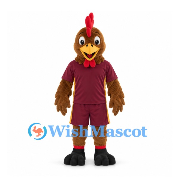Rooster Mascot Costume in Brown with Burgundy Sports Uniform