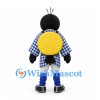 Penguin Mascot Costume with Blue Checkered Jacket and Yellow Backpack