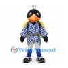 Penguin Mascot Costume with Blue Checkered Jacket and Yellow Backpack
