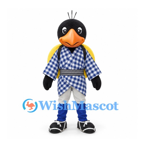 Penguin Mascot Costume with Blue Checkered Jacket and Yellow Backpack