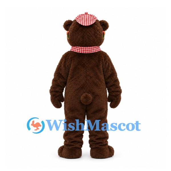 Bear Mascot Costume in Brown with Glasses Red Checkered Cap and Scarf