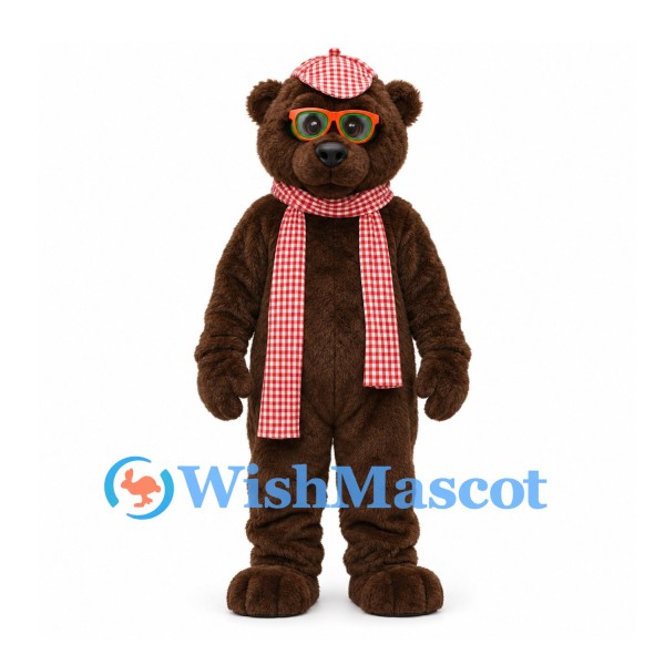 Bear Mascot Costume in Brown with Glasses Red Checkered Cap and Scarf