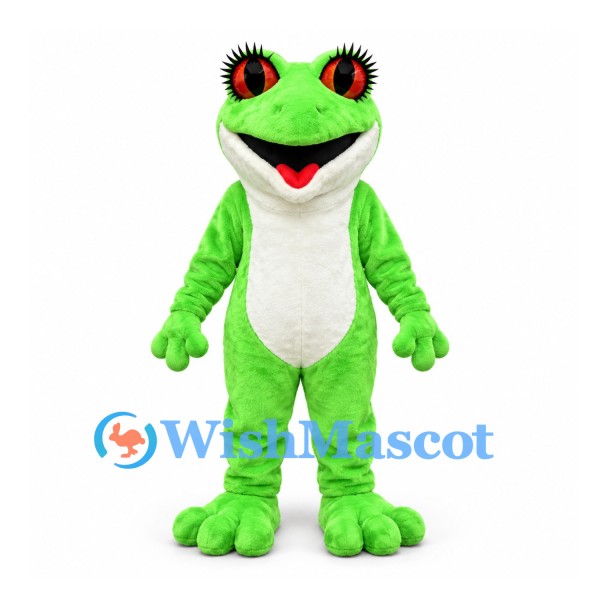 Frog Mascot Costume in Lime Green with White Belly and Red Eyes
