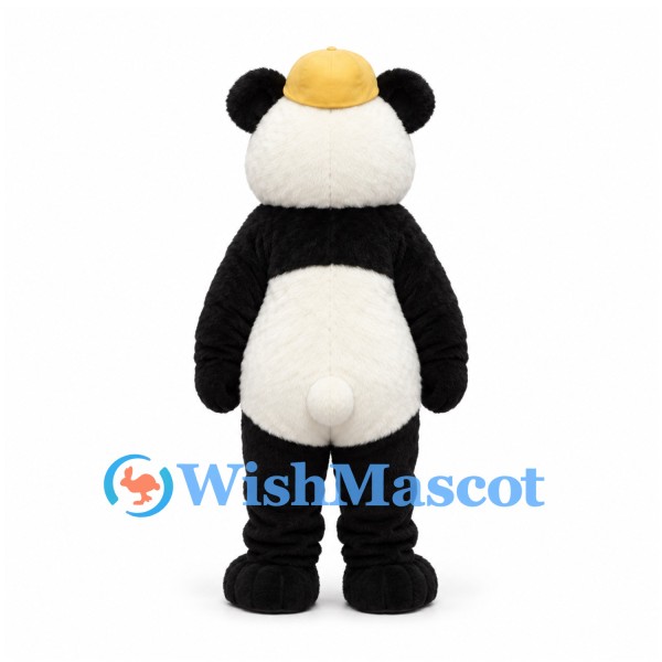 Panda Mascot Costume in Black and White with Yellow Cap