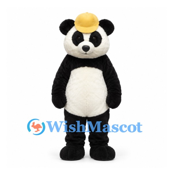 Panda Mascot Costume in Black and White with Yellow Cap