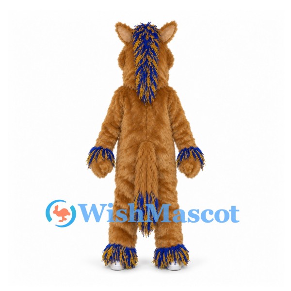 Horse Mascot Costume in Tan with Shaggy Blue and Gold Mane