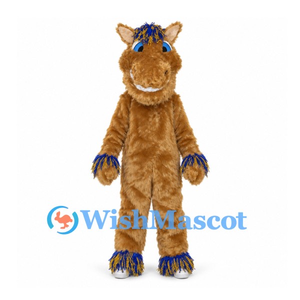 Horse Mascot Costume in Tan with Shaggy Blue and Gold Mane