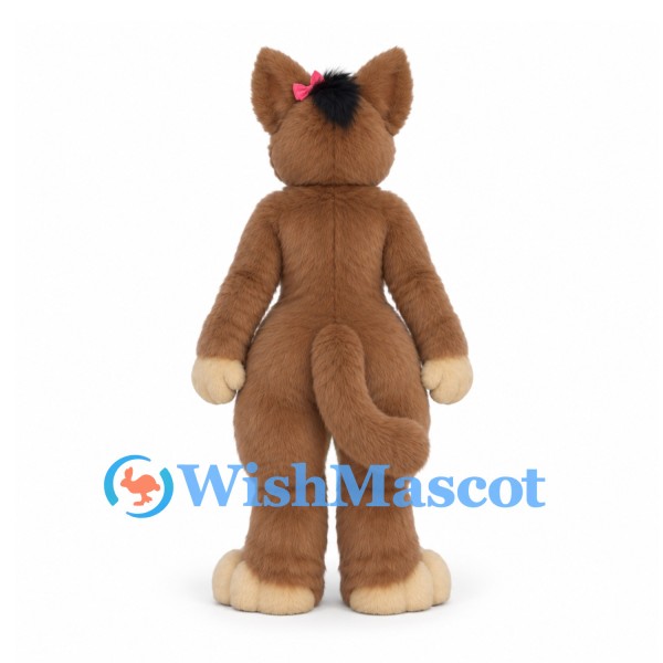 Cat Mascot Costume in Brown with Cream Belly and Pink Bow