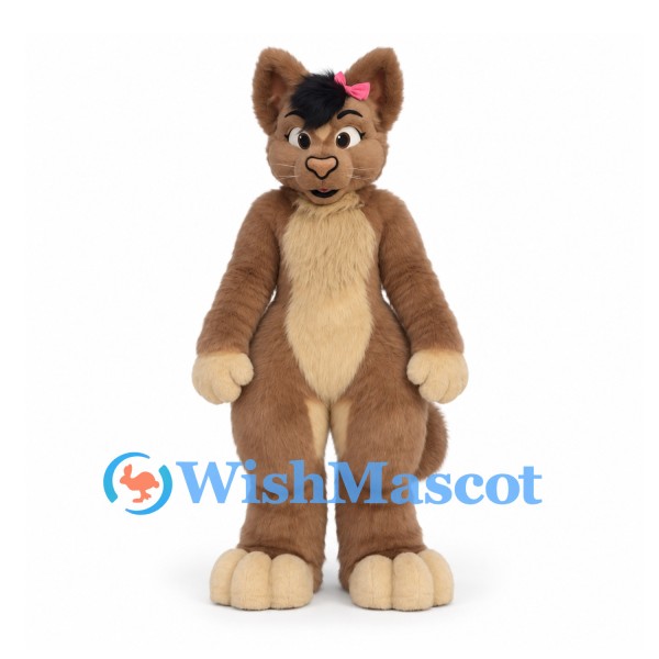 Cat Mascot Costume in Brown with Cream Belly and Pink Bow