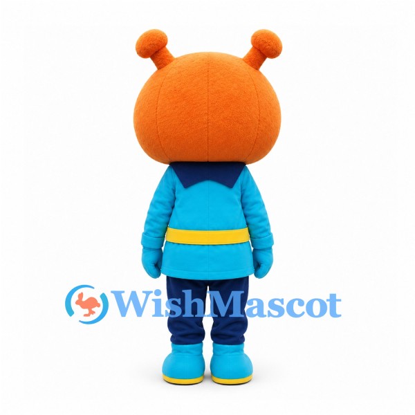 Alien Mascot Costume in Orange with Blue Uniform and Waist Bag
