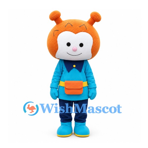 Alien Mascot Costume in Orange with Blue Uniform and Waist Bag