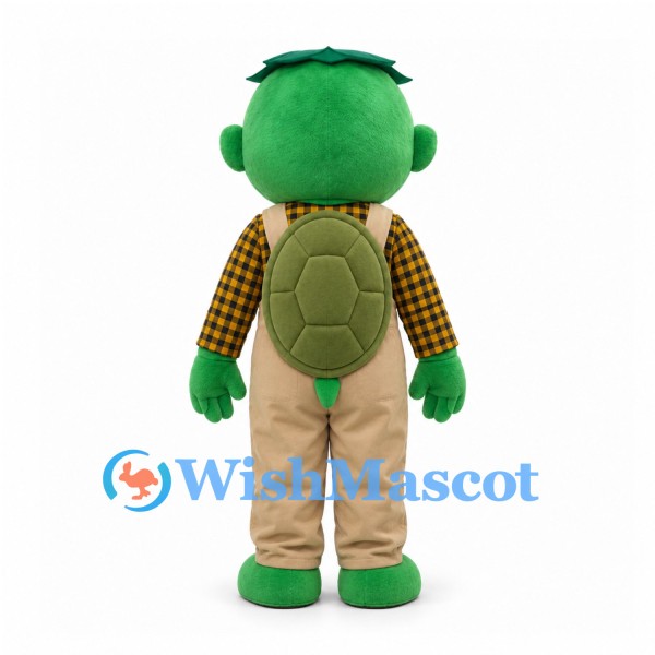 Turtle Mascot Costume in Green with Beige Overalls and Checkered Shirt