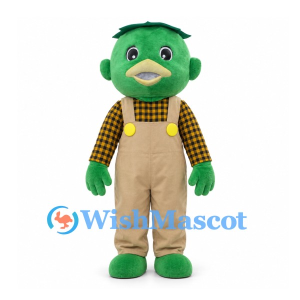 Turtle Mascot Costume in Green with Beige Overalls and Checkered Shirt