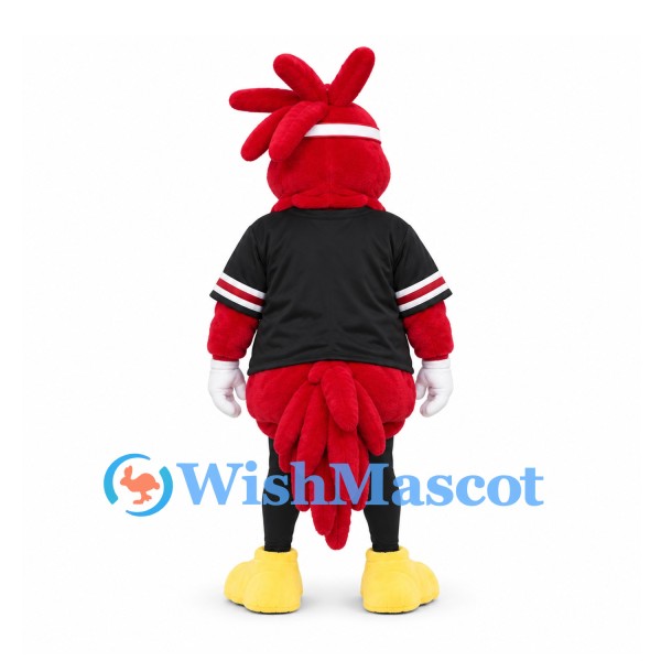 Rooster Mascot Costume in Red with Black Sports Jersey and White Gloves