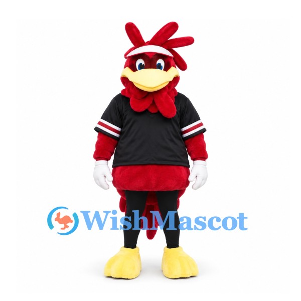 Rooster Mascot Costume in Red with Black Sports Jersey and White Gloves