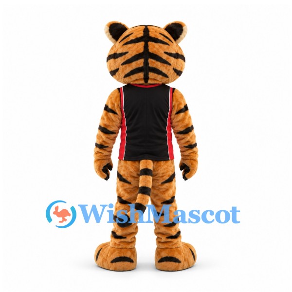 Tiger Mascot Costume in Orange with Black Sports Jersey and Red Trim