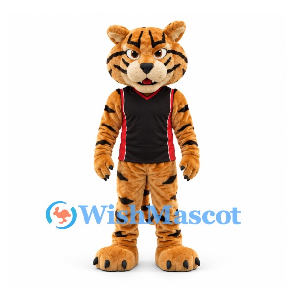 Tiger Mascot Costume in Orange with Black Sports Jersey and Red Trim