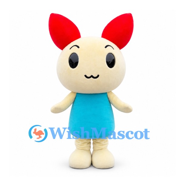 Rabbit Mascot Costume in Cream with Red Ears and Teal Body