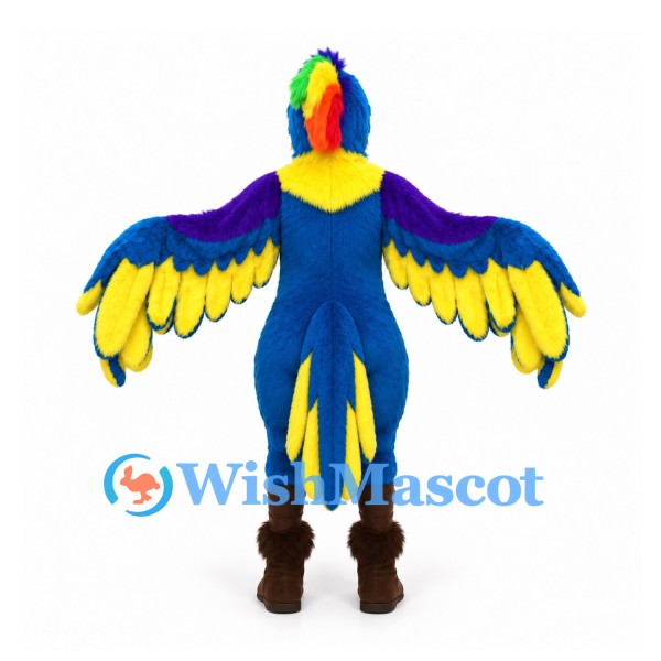 Parrot Mascot Costume in Blue and Yellow with Spread Wings