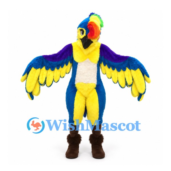 Parrot Mascot Costume in Blue and Yellow with Spread Wings