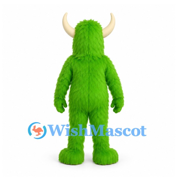 Monster Mascot Costume in Lime Green with Cream Horns and Shaggy Fur