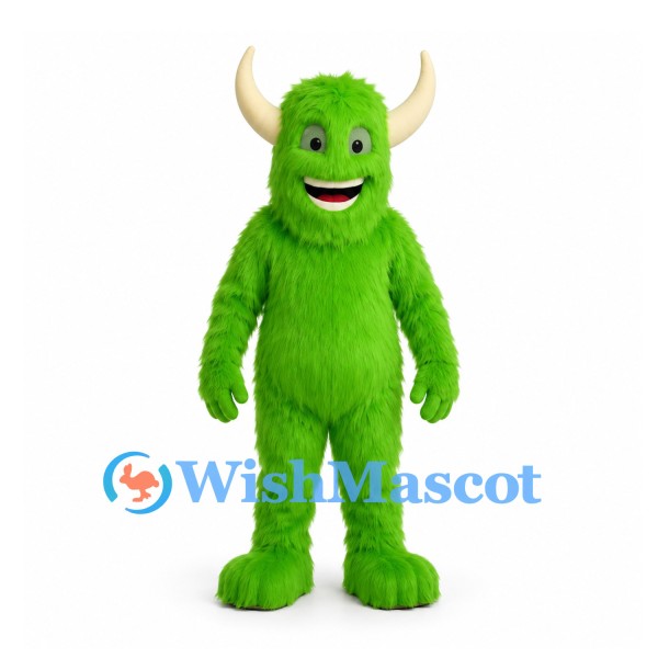 Monster Mascot Costume in Lime Green with Cream Horns and Shaggy Fur