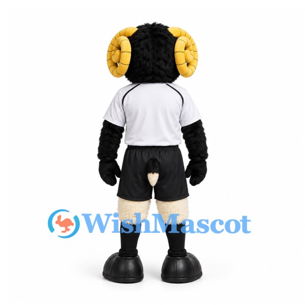 Ram Mascot Costume in Black and White with Yellow Horns and Sports Uniform