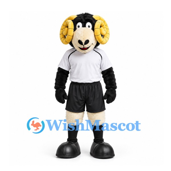 Ram Mascot Costume in Black and White with Yellow Horns and Sports Uniform