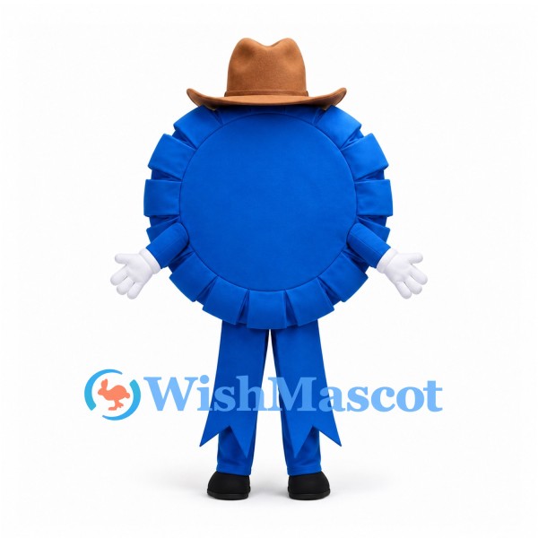 Blue Ribbon Mascot Costume with Brown Cowboy Hat and White Gloves