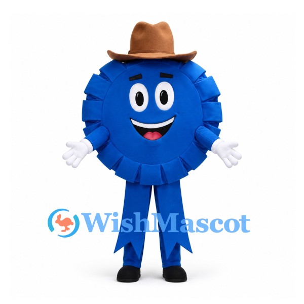 Blue Ribbon Mascot Costume with Brown Cowboy Hat and White Gloves