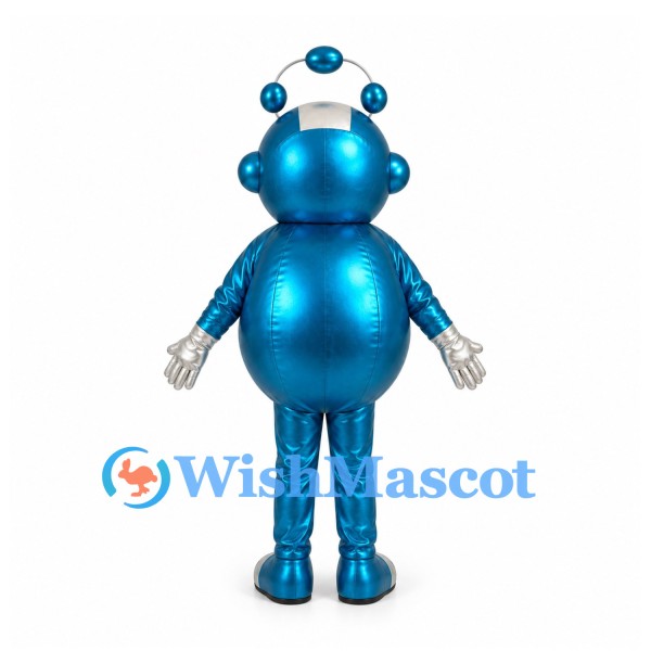 Bubble Character Mascot Costume in Metallic Blue with Round Head Details