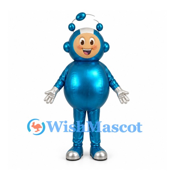 Bubble Character Mascot Costume in Metallic Blue with Round Head Details