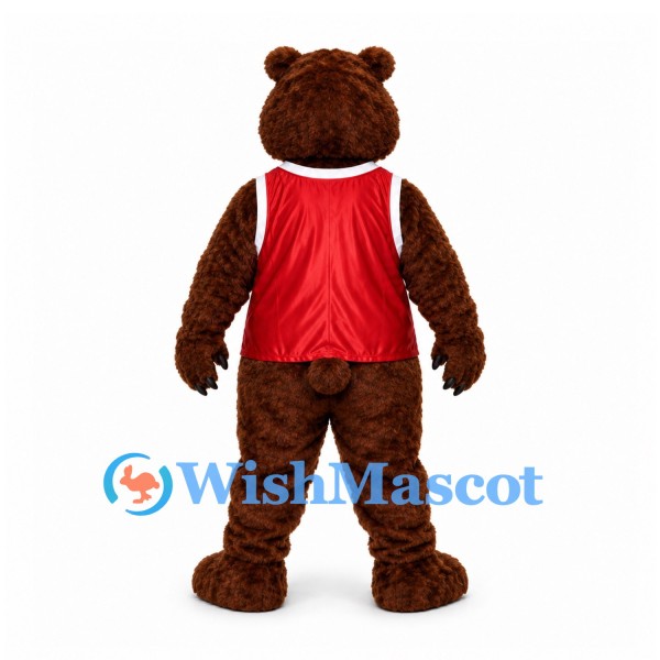 Bear Mascot Costume in Brown with Red Sleeveless Sports Jersey