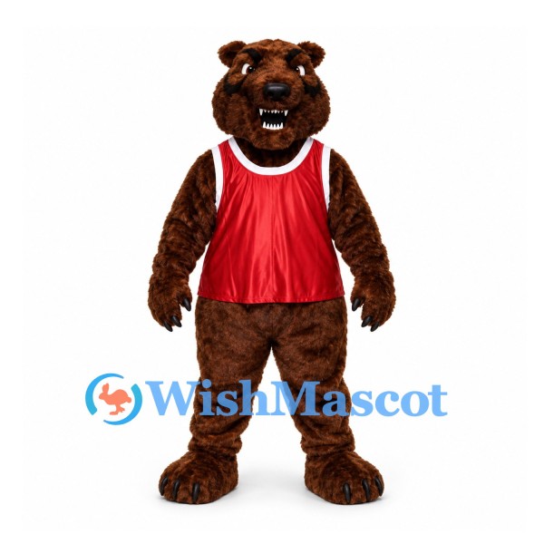 Bear Mascot Costume in Brown with Red Sleeveless Sports Jersey