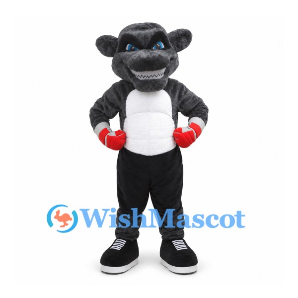 Panther Mascot Costume in Gray with Muscular Arms and Black Trousers