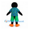 Penguin Mascot Costume with Blue Tropical Shirt and Green Shorts