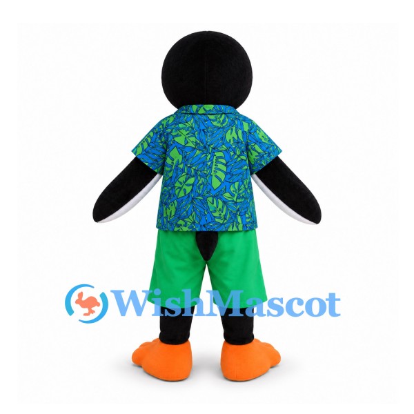 Penguin Mascot Costume with Blue Tropical Shirt and Green Shorts