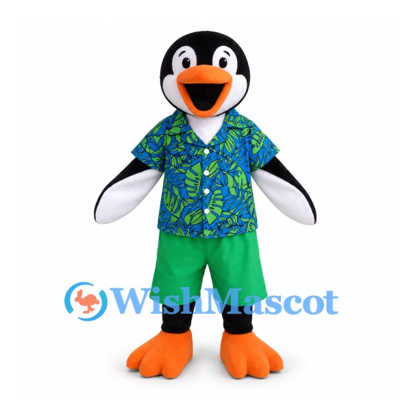 Penguin Mascot Costume with Blue Tropical Shirt and Green Shorts