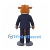 Bull Mascot Costume in Brown with Navy Business Suit and Yellow Tie