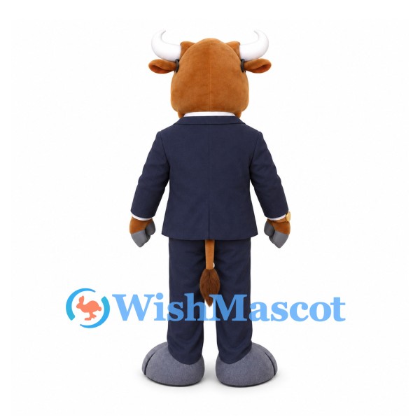 Bull Mascot Costume in Brown with Navy Business Suit and Yellow Tie