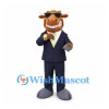 Bull Mascot Costume in Brown with Navy Business Suit and Yellow Tie