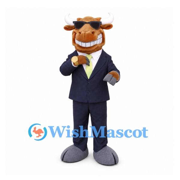 Bull Mascot Costume in Brown with Navy Business Suit and Yellow Tie